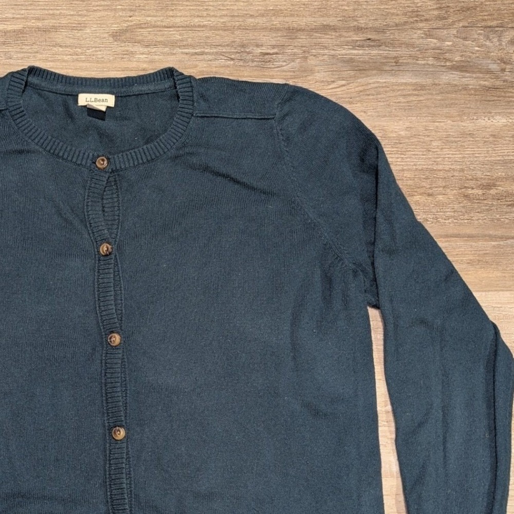 LL Bean Petite Womens Cardigan Sweater Teal Blue Crew Neck Button Front Medium